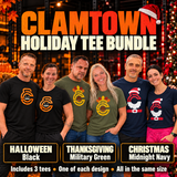 Clamtown Holiday Tee Bundle: Halloween in Black, Thanksgiving in Military Green, and Christmas in Midnight Navy. Includes three tees in the same size.