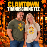 Joe and Cindy wearing Clamtown Thanksgiving tees